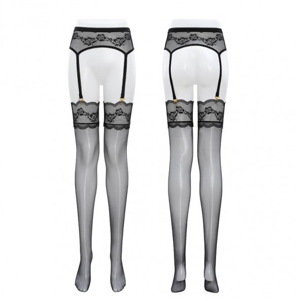 FEE ET MOI - Shiny Lace Corset Strappy Stockings (Black)